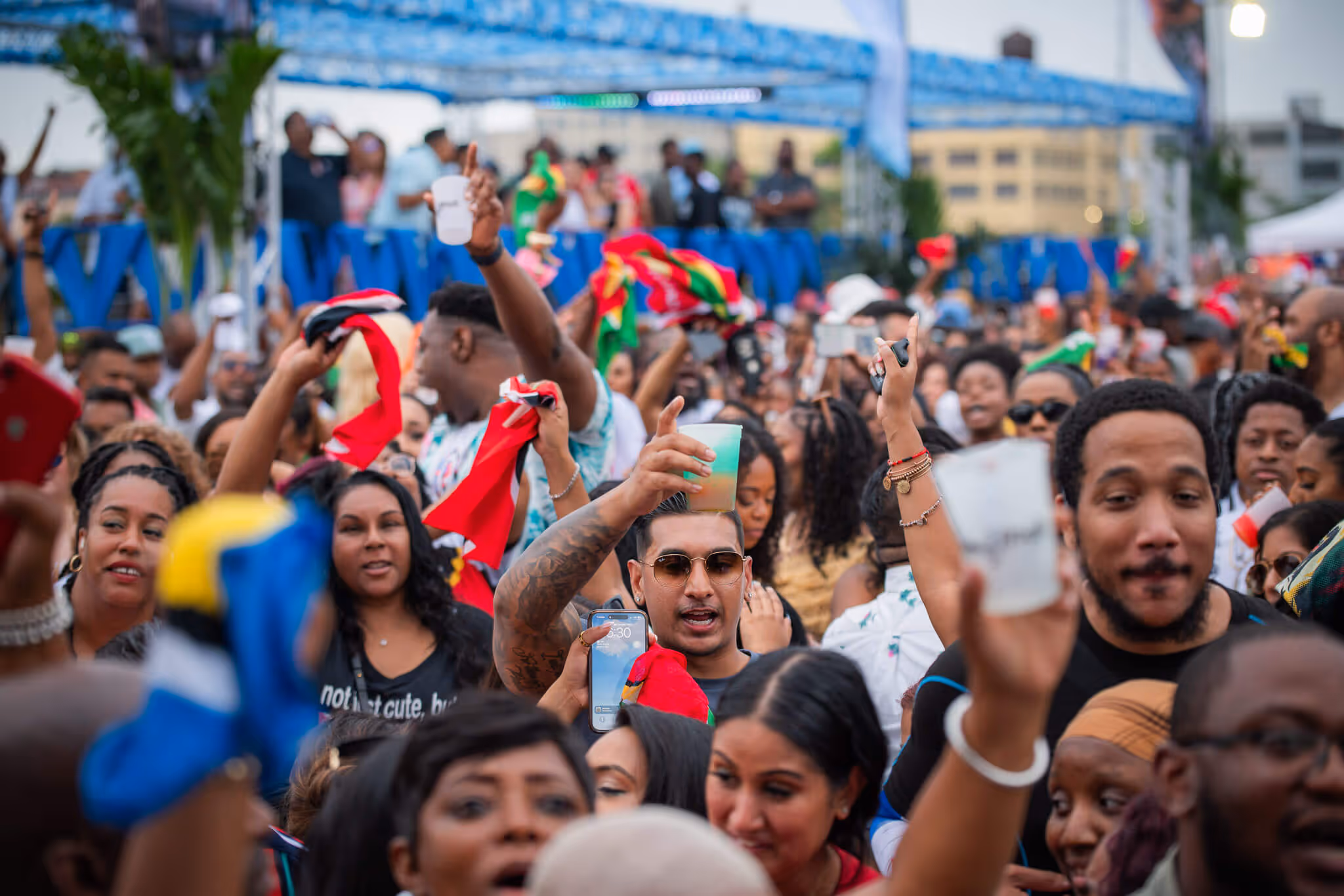 Crowd of people at an outdoor event raising drinks and waving colorful flags and fabric pieces.