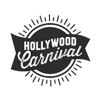Black and white circular logo with radiant lines and text 'Hollywood Carnival'.