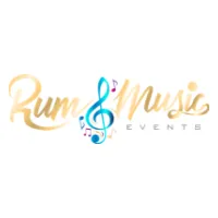 Logo with stylized text 'Rum & Music Events' featuring a blue treble clef with musical notes.